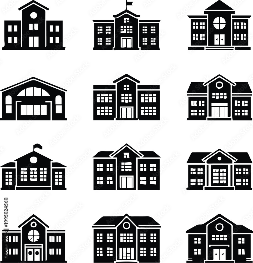 Fototapeta premium school architecture silhouette icons grid varied school facades