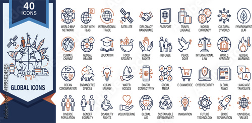 A collection of global icons featuring various illustrations of business and technology related objects.