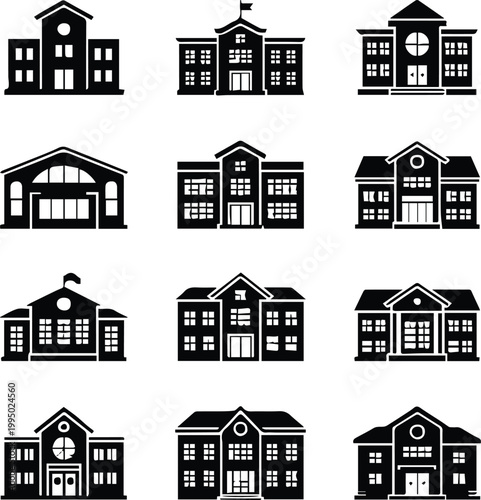 school architecture silhouette icons grid varied school facades
