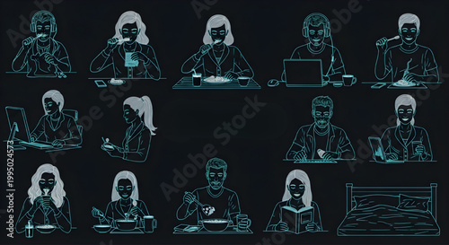 AutoCAD Morning Routine People Vector Set – Daily Life Multiview Clear Face Lifestyle Blueprint Cyan Outline on Black Background