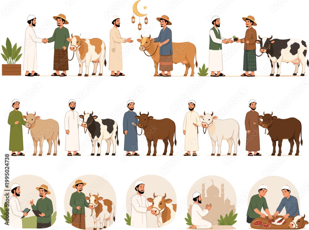 Naklejka premium Muslim Men Buying and Sacrificing Cows for Eid al-Adha Celebration Flat Vector Illustration Set with Qurbani Sacrifice, Livestock Market, and Religious Traditions