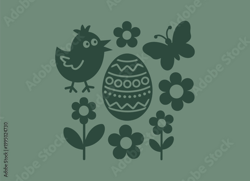 Cute easter chick egg butterfly and flowers silhouette with butterfly, seasonal