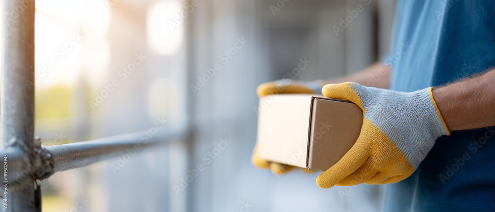 Fototapeta premium Worker holding cardboard box with gloves