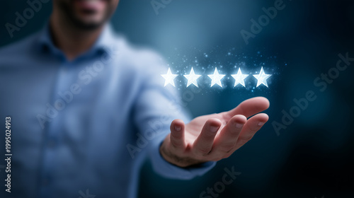 Glowing five star rating above businessmanâs open hand, customer satisfaction and service excellence concept, positive review, trust, reputation, feedback score and premium busines