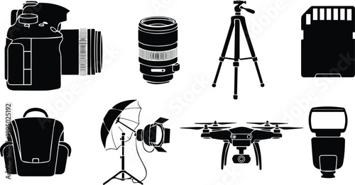 A collection of photography equipment and accessories on a white background