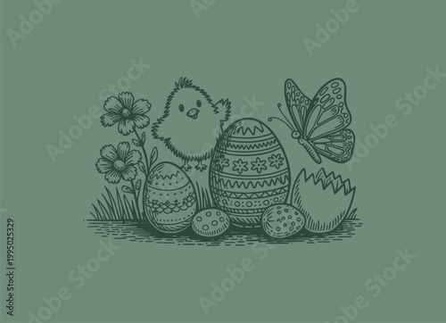 Vintage style easter illustration with chick egg and butterfly line art