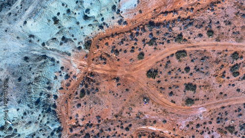 Aerial Forked Dirt Road and Colorful Desert Landscape Top Down