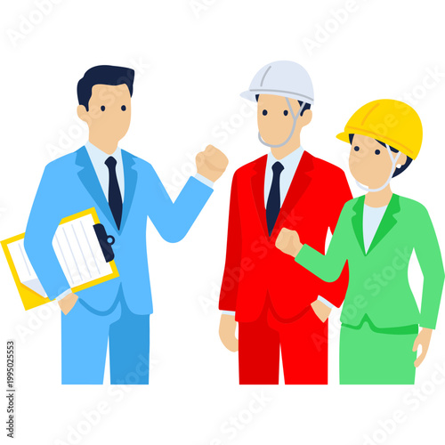 Vector illustration of a construction site meeting. A supervisor, a male worker, and a female worker are in discussion.

