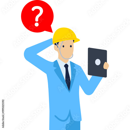 Male construction worker using a tablet for site management, hard hat, full-body vector, isolated digital construction (DX), i-Construction stock illustration

