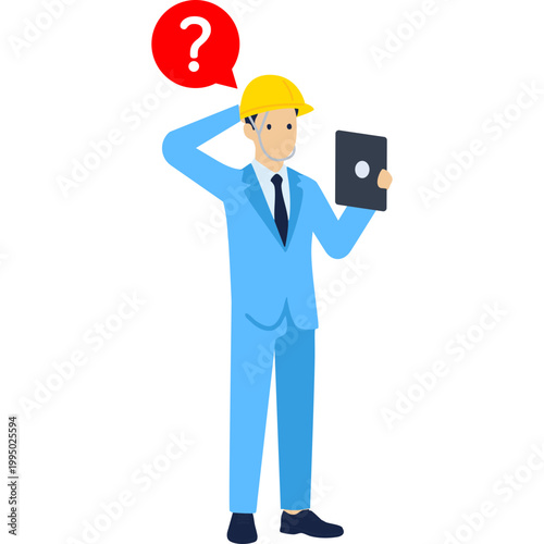 Male construction worker using a tablet for site management, hard hat, full-body vector, isolated digital construction (DX), i-Construction stock illustration

