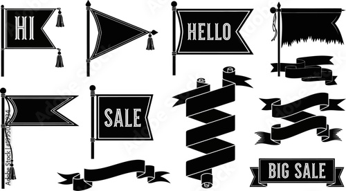 black and white illustration of various banner and ribbon designs for sale or hello messages