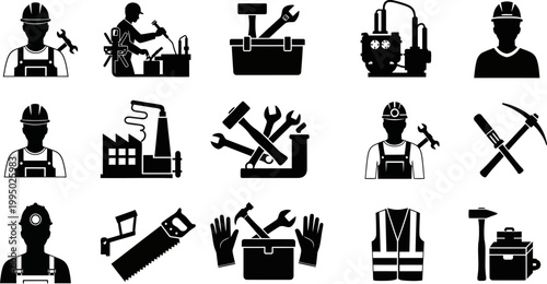 Black silhouettes of various construction and industry related icons and people  industrial tools and equipment