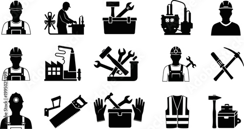 Collection of black silhouette icons depicting construction workers and industrial tools on white background