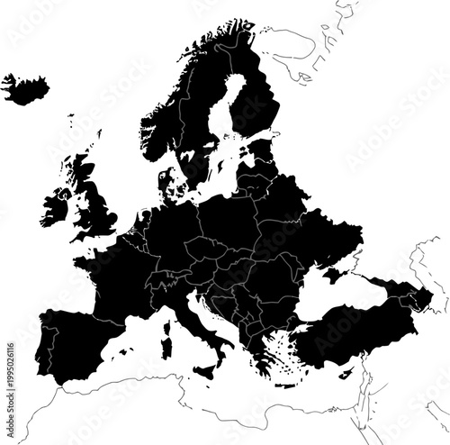 European countries map with borders on white background