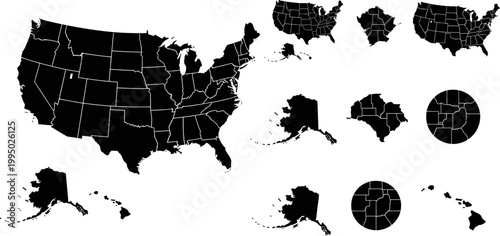 set of black and white united states maps in different shapes and sizes  various usa map silhouettes