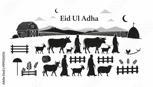 Eid Ul Adha celebration silhouettes with farm animals and rural landscape