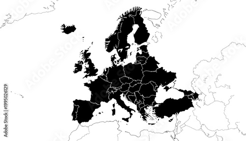 European countries map with borders on white background