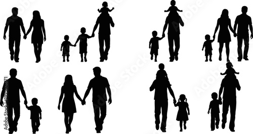 Silhouettes of people walking with children in various family combinations