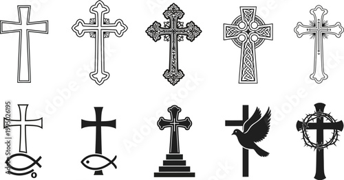 Various christian crosses and religious symbols in black and white  christianity faith icons