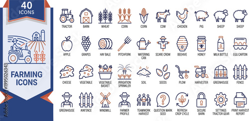 Agricultural icons depict various farming tools and symbols on a clean background