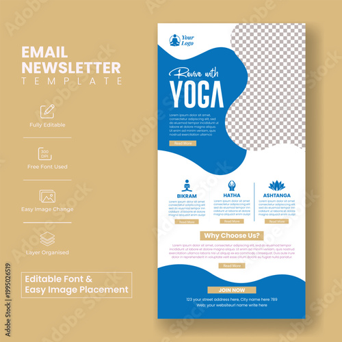 Yoga meditation email newsletter template for fitness wellness coaches modern spa UI UX minimal clean marketing design website header vertical landing page aesthetic promotion layout design template