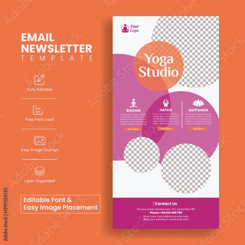 Wellness meditation yoga email newsletter template for spa fitness influencers blogger website UI interface layout, modern wellness mobile app UI UX design, website header vertical banner design