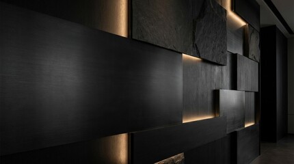 Overlapping black panels with textured finish, modern minimalist background, depth and contrast, sleek architectural pattern, luxury dark design, subtle lighting, high detail, no logos