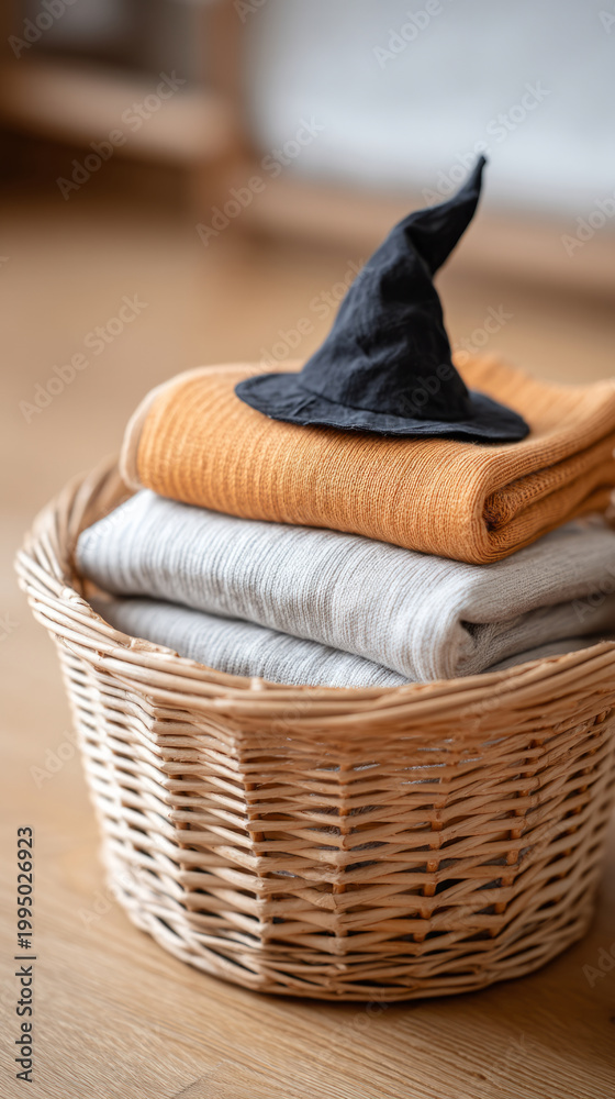 Obraz premium Folded knitwear with witch hat in wicker basket on wooden floor