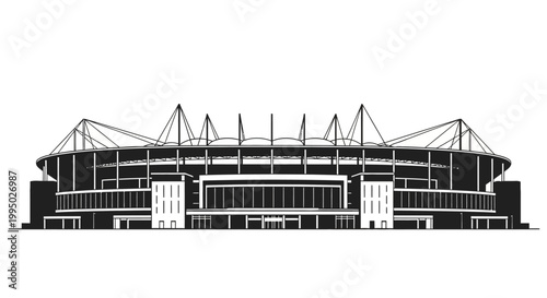 A black and white illustration of a large modern stadium exterior