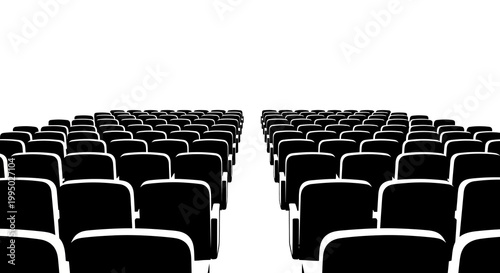 Rows of empty black seats converge toward a vanishing point