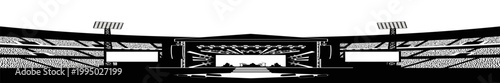 A black and white illustration of a concert stage in a stadium