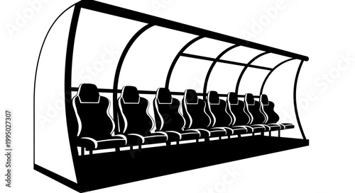 Black and white illustration of a sports team bench with seating
