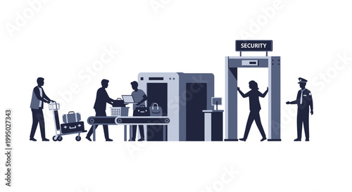 Airport security checkpoint with passengers and scanning equipment illustrated