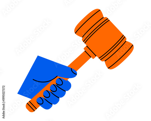 Hand drawn cute illustration hand holding judge gavel. Flat vector lawyer hammer in human arm doodle. Human rights icon. Justice and law concept. Legal services. Isolated.