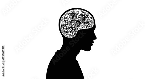 Silhouette of a head with a brain filled with question marks