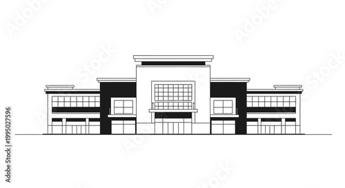 Black and white architectural rendering of a modern two story building