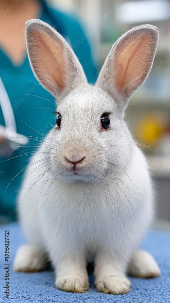 Obraz premium White rabbit with large ears on blue towel at veterinary clinic