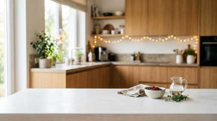 White wooden table, blurred modern kitchen with fairy lights, blurred background, product display background with copy space, clean commercial setup, lifestyle interior context, balanced composition,