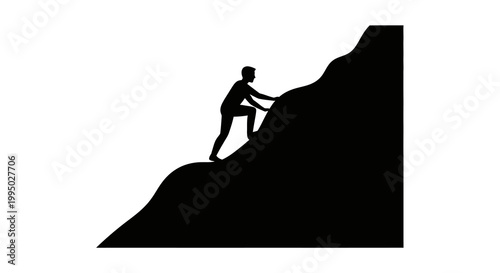 Silhouette of a person struggling to climb a steep dark mountain