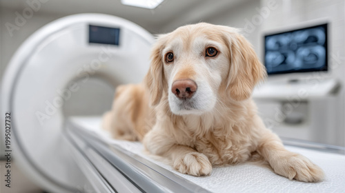 Golden retriever in veterinary mri room with medical equipment