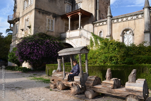 Blooming bougainvillea and vegetation in the park in front of the Busaco Palace in Portugal Coimbra region. Themes include travel, cultural heritage, and natural beauty.