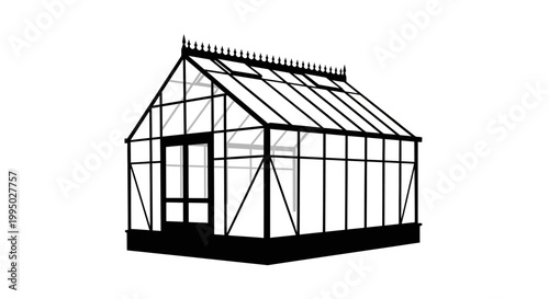 A simple black silhouette of a classic greenhouse structure