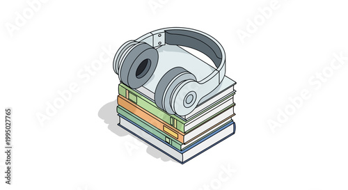 Audiobook Concept Illustration - Headphones Resting on a Stack of Books in Isometric Style