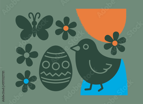 Abstract easter elements with geometric shapes and silhouettes, butterfly