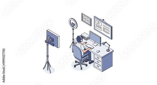 Isometric Content Creator at Home Office Desk with Streaming Equipment and Ring Light