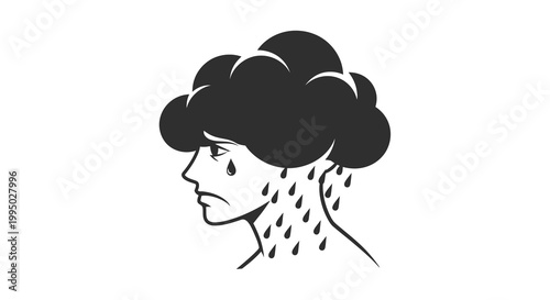 Sadness and rain a woman s profile with clouds and falling tears