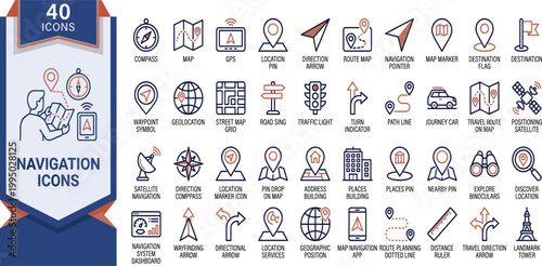 Collection of various navigation icons on a white background for design