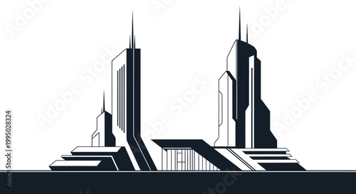 Minimalist black and white illustration of a futuristic city skyline