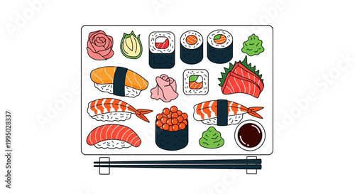 Colorful illustration of assorted sushi pieces arranged on a rectangular plate