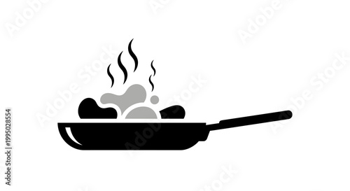 A black silhouette of a frying pan with food and rising steam